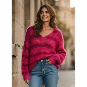 Free People Pink Striped Eyelash Knit Fuzzy Oversized Sweater L Barbiecore Boho